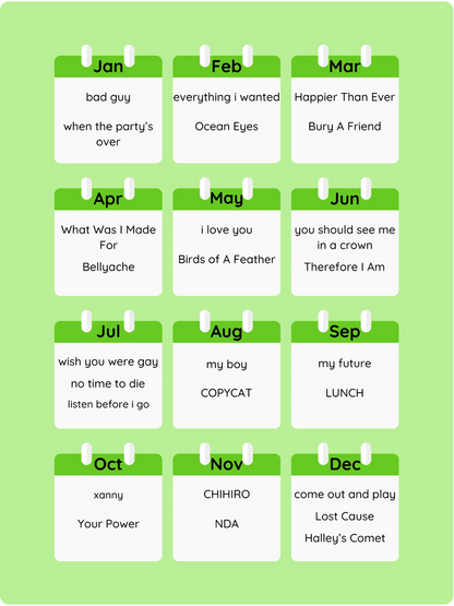 Billie Eilish Piano Calendar 2026